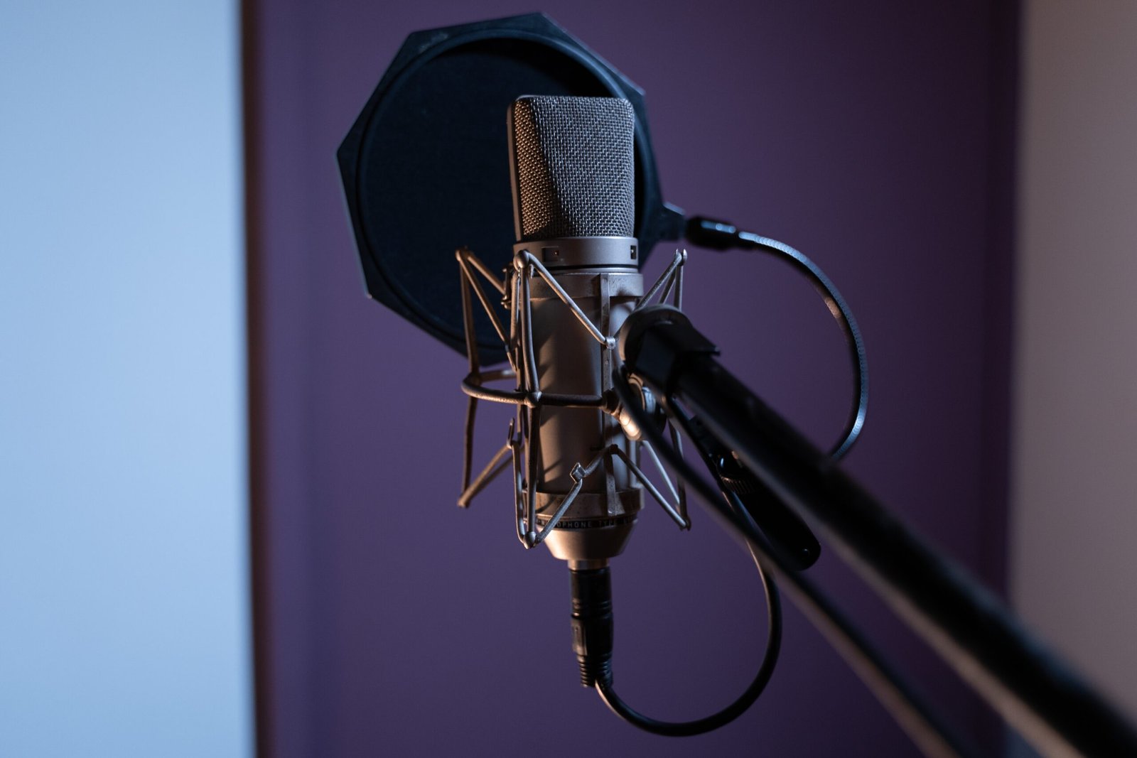 closeup shot of a condenser microphone with a pop filter and a blurred background